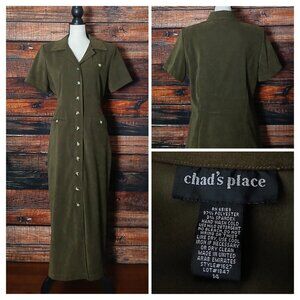 Chad's Place Vintage Maxi Dress 14 Faux Suede Forest Green Button Down